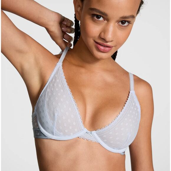 VS PINK Wink Unlined Plunge Bra Size 38DD Dot Mesh Hydrangea Blue - Picture 4 of 5